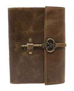 Leather Vintage Journal With Antique Brass Key, Recycled Wood free Cotton White Rug Paper Journal For Notebook