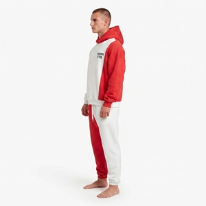 Ensemble de survêtement décontracté pour homme, rouge et blanc, à blocs de couleur, avec capuche, manches longues, cordon de serrage et poches latérales, logo personnalisé sur le devant - Product Image 5
