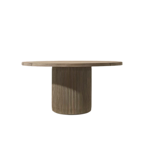 Scandinavian Design <b>Outdoor</b> Dining <b>Table</b> Solid Teak <b>Round</b> Slatted Top Fluted Pedestal Base for Luxury Villa Resort Dining - Product Image 1