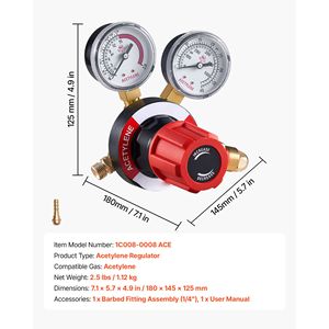 ตัวปรับแรงดันอะเซทิลีน 0-500 PSI เกจวัดแก๊สเชื่อม CGA 510 ช่องต่อเข้า 9/16-18 LH ช่องต่อออก เหล็ก - Product Image 6