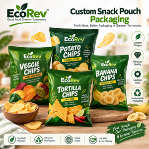 EcoRev ECO35 บรรจุภัณฑ์แบบซีลสามด้าน ปิดผนึกด้วยความร้อน เกรดอาหาร ผลิตจาก BOPP/VMCPP เคลือบผิว สำหรับขนมขบเคี้ยว เครื่องเทศ ผงต่างๆ พร้อมพิมพ์ดิจิตอลตามแบบที่ต้องการ - Product Image 1