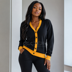 Cosh International Women's Black And Yellow Contrast Color V Neck Long Sleeve Knitted Cardigan Casual Open Front Sweater - Product Image 3