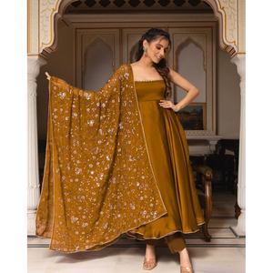 DISEÑADOR GEORGETTE VESTIDO LISO FONDO CON BORDADO SECUENCIA TRABAJO DUPATTA MOSTAZA - Product Image 1