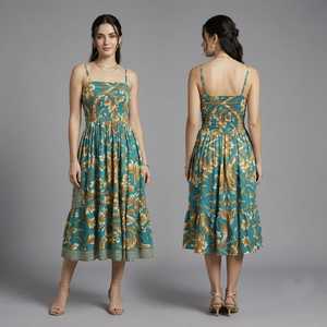 Robe courte trapèze bohème pour femme en mélange de coton et de soie tissée à imprimé floral, avec volants et taille élastique, idéale pour l'été et les tenues décontractées - Product Image 1