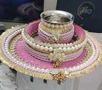 Ensemble de thali Karwa Chauth, 3 pièces, thali décoratif pour la prière avec bol Karwa, tasse en acier inoxydable pour les femmes, célébration festive