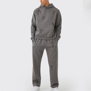 Ensemble survêtement décontracté homme en molleton de coton avec impression personnalisée OEM, comprenant un sweat à capuche et un pantalon de jogging, style streetwear délavé - Product Image 1