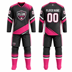 Uniforme de hockey sur glace personnalisé noir et rose, 100% polyester, impression par transfert thermique, ensemble de vêtements de sport pour hommes, maillot, short, chaussettes - Product Image 1