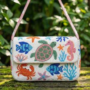 Under the Sea Beaded Handbag - White, Blue, Green, Orange and <b>Pink</b> Marine Life Sea Turtle & Seahorse <b>Purse</b> - Product Image 1