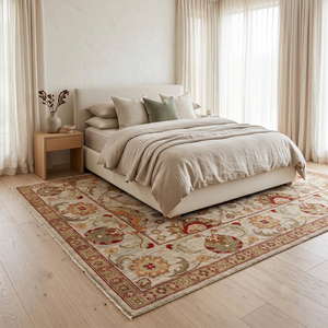 Alfombra de Lana Beige Marfil con Borde Floral, Patrón Botánico en Tono Ólivo, Antideslizante, Ecológica, Hecha a Mano, de Pelo Grueso, Moderna - Product Image 3