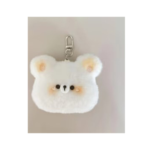 <b>Cute</b> Faux Fur <b>Bear</b> Face Keychain 3D Cartoon Plush Soft Carabiner Accessory White With Pink Ears - Product Image 1