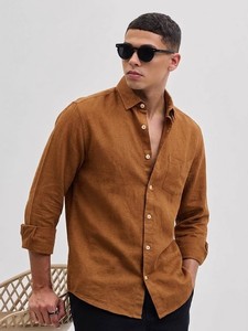 Camisa Casual de Lino/Algodón Marrón para Hombre, Marca Enovate, Cuello Clásico, Manga Larga, Doble Botonadura, Color Sólido, Transpirable, para Verano - Product Image 1