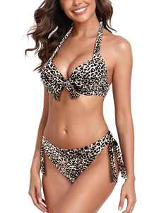 Women <b>Leopard</b> Color Blocking One-Piece Bikini Set Halter Neck Push High Cut Bottom Bandeau Bra Crystal Decoration Stretch Fabric - Product Image 6
