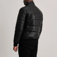 Blouson matelassé en cuir véritable noir pour homme, col rond, fermeture éclair, coupe-vent, hiver, coupe ajustée, séchage rapide, style motard, nylon