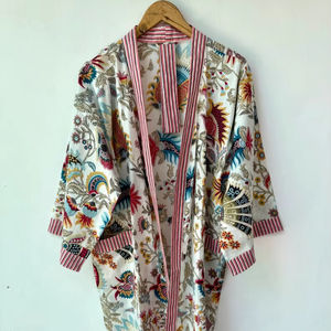 Bata Kimono de Algodón 100% con Estampado de Bloques y Dibujos Animados para Mujer, Suave y Transpirable, Camisón de Verano Hecho a Mano, Cuello en V Elástico, ODM - Product Image 1