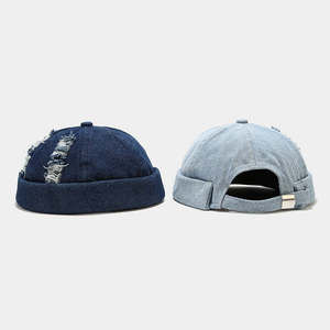 Custom Ripped Distressed Denim Docker <b>Cap</b> <b>Brimless</b> Rolled Cuff Beanie Hat 100% Cotton Adjustable Outdoor OEM Wholesale Unisex - Product Image 3