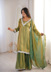 Elegant Fendy <b>Silk</b> <b>Kurta</b> Sharara Ensemble With Lace Neck Design Flowing Bottom Coordinated Dupatta Womens Occasion Fashion - Product Image 2