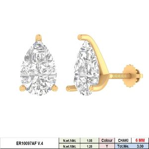 14K Yellow Gold Stud <b>Earrings</b> 5ct Pear Cut Lab Grown CVD Diamond Women Push <b>Back</b> VVS-VS F Color Rhodium Plated - Product Image 1