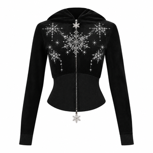 Men's Black Hooded Zipper <b>Jacket</b> with Rhinestone Snowflake Embellishment Full Sleeve Winter <b>Vintage</b> Polyester/Cotton Lightweight - Product Image 1