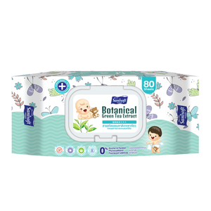 Toallitas húmedas Sanisoft OEM para bebés, 80 hojas de material spunlace, precio al por mayor, extracto de té verde botánico - Product Image 1