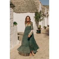 Robe longue Amorzinho OEM pour femme, style bohème, imprimé floral, col en V, manches bouffantes, coupe classique, 100 % coton, tie-dye, pour l'été et les vacances à la plage