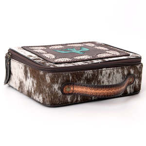 Ethnic Genuine Leather Jewelry Case with Cowhide Pattern and Turquoise Bird Design Zipper Closure Durable Storage <b>Box</b> - Product Image 2