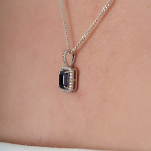 OEM ODM Prong Set 7x5 mm Octagon Cut Blue Sapphire & Diamond Halo <b>Pendant</b> <b>Solid</b> 14K White <b>Gold</b> Mother's Day Gift Fine Jewelry - Product Image 4