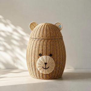 Natural Rattan <b>Bear</b> Storage Basket With Lid Handmade Wicker Toy Organizer Kids Nursery Decorative Basket Wholesale OEM - Product Image 6