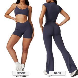 Ensemble de yoga pour femmes, haut court à bretelles spaghetti couleur crème, leggings taille haute longueur intégrale, ensemble 2 pièces sans couture - Product Image 2