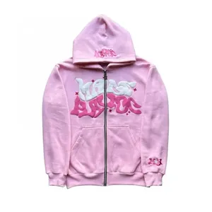 Sudadera con capucha extragrande blanca personalizada para hombre con cremallera, estampado de letras, de algodón tejido, estilo urbano, para otoño, fabricante OEM ODM - Product Image 5