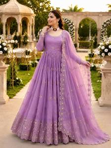 Ensemble Anarkali Salwar Kameez brodé bleu avec dupatta, robe à manches longues pour mariage et fêtes, pour femmes - Product Image 3