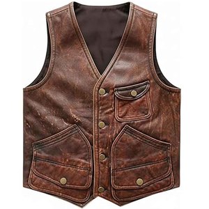 Gilet en cuir véritable pour hommes, style vintage, décontracté, en cuir de vache, pour motard, respirant, sans manches, veste d'hiver de haute qualité - Product Image 4