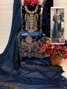 Luxueux velours Shalwar Kameez broderie complexe Chinon Dupatta fond Santoon Collection d'hiver parfaite pour les Indiens - Product Image 3