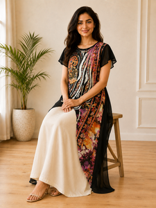 Nouvelle arrivée Robe longue à manches courtes à col rond imprimée multicolore noire pour femmes, double couche, de haute qualité, vêtements décontractés - Product Image 4
