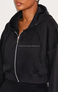 Sudadera con capucha recortada frontal con cremallera para mujer, con hombros caídos negros, forma personalizada, sudaderas con capucha antiarrugas y transpirables, sudadera con cremallera para mujer - Product Image 4