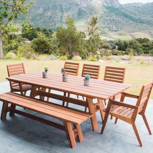 Solid Teak Wood Outdoor <b>Dining</b> <b>Set</b> Rectangular Slat Top Garden <b>Table</b> with Bench and Armchairs - Product Image 1