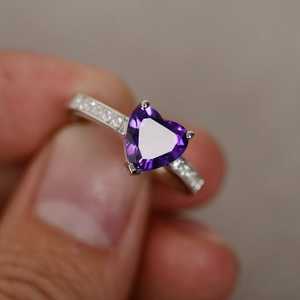 Natural Amethyst <b>Ring</b> Heart Cut Purple Gemstone <b>Ring</b> Sterling <b>Silver</b> February Birthstone Jewelry Gift Women - Product Image 1