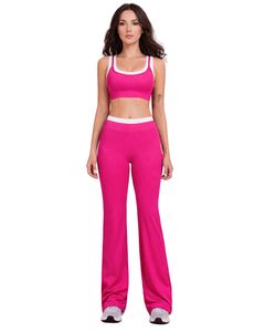 Conjunto Deportivo Personalizado para Mujer, Top Deportivo Rosa y Blanco con Contraste y Pantalones Acampanados, Cintura Alta, Elástico, para Yoga, Fitness, Gimnasio, Venta al Por Mayor OEM - Product Image 1