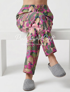 Handmade 100% Cotton Flock Print Summer Eco-Friendly Breathable Comfortable Blue <b>Floral</b> <b>Trousers</b> Indian Women Casual Pants - Product Image 3