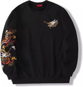 เสื้อสเวตเชิ้ตปักลายมังกรสำหรับผู้ชาย สตรีทแวร์สไตล์โอเรียนทัล เสื้อคอกลมสีดำ ทรงหลวม เสื้อท็อปนำโชค - Product Image 6