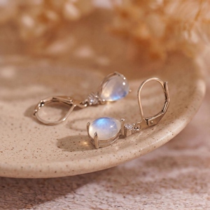 Rainbow Moonstone Flashed Blue Fire Solid 925 Sterling <b>Silver</b> Gold Plated Handmade Fine <b>Stud</b> <b>Earrings</b> hanging for Anniversary - Product Image 3