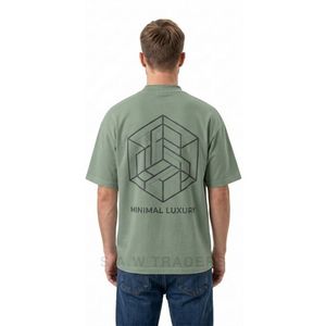 T-shirts vert sauge à épaules tombantes avec imprimé géométrique sur le dos, style minimaliste moderne, streetwear décontracté - Product Image 2