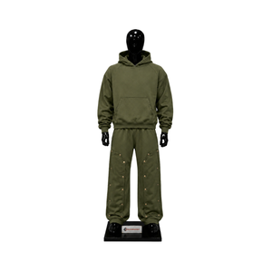 Ensemble de survêtement oversize Olive pour homme, streetwear, sweat-shirt à capuche et pantalon large à boutons-pression, vêtements de sport personnalisés en gros - Product Image 1