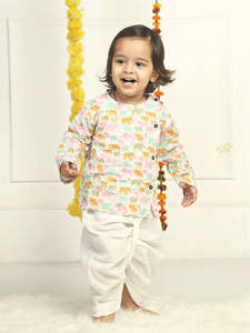Kurta pour garçons à imprimé éléphant avec pantalon Dhoti blanc, tenue ethnique traditionnelle pour enfants, vêtements de fête pour mariage, ensemble confortable - Product Image 2