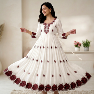 White <b>Kurti</b> With Maroon Embroidery For Women <b>Indian</b> Pakistan Casual Loose Traditional Dress - Product Image 1