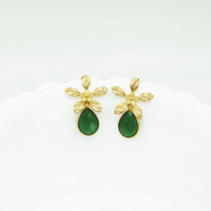 Pendientes Colgantes de Ónix Verde con Diseño de Flor Chapados en Oro de 18K al por Mayor, Joyería de Pendientes de Ónix Verde en Forma de Gota - Product Image 2