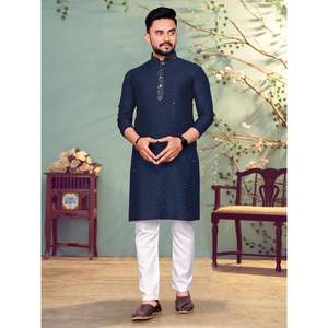 WEDDING COLLECTION PURE VISCOS by NYLON 100% <b>COTTON</b> <b>FABRIC</b> WITH SEQUENCE and THREAD WORK KURTA+PYJAMA NAVY Achkan/Sherwani - Product Image 1