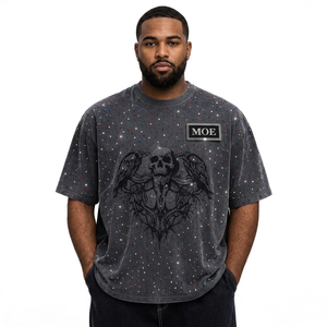 T-shirt d'été délavé à l'acide avec strass, en coton épais, pour hommes, coupe oversize, logo personnalisé, faible MOQ, style décontracté et coupe carrée - Product Image 2