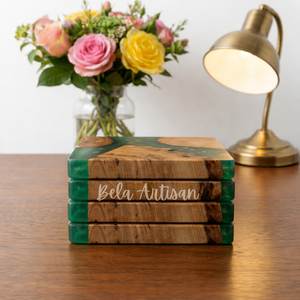 Bela Artisan Handmade Modern Papdi Wood Resin Coasters <b>Set</b> of 4 Natural Wood Epoxy Drink <b>Square</b> Decorative Tableware - Product Image 3