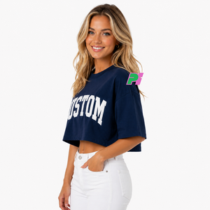 Camiseta Corta de Mujer Azul Marino con Estampado de Letras Personalizado, Cuello Redondo, Manga Corta, Corte Holgado, Informal, Primavera Verano, 100% Algodón Jersey - Product Image 3