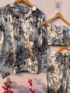 Women Cotton Tropical Print Pajama Set Long Sleeve <b>Button</b> Down Night <b>Suit</b> With Pouch Soft Breathable Sleepwear Set - Product Image 2